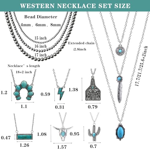 8 Pcs Western Jewelry for Women with Navajo Pearl Necklace, Turquoise Pendant Necklace in Different Themes, Boho Country Western Jewelry Set for Cowgirls2