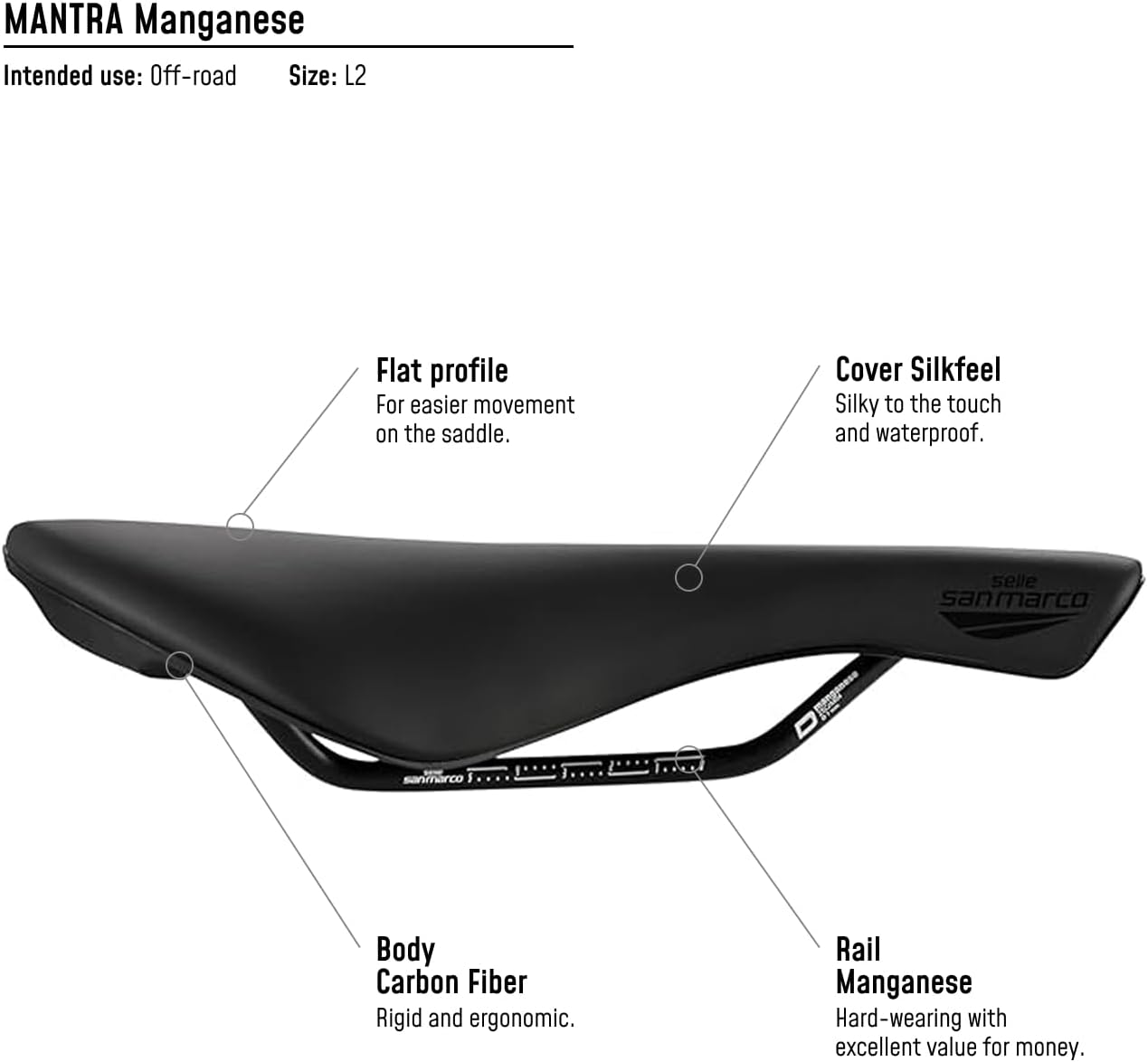 Selle San Marco Mantra Manganese Off-Road Bicycle Saddle, Gravel, Trail, Cross Country, Open Shell with Protective Cover, Flat Shape, Manganese Frame – Black, Size L2