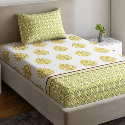 Image of Home Ecstasy 100% Cotton Single Bedsheet with 1 Pillow Cover - (Size 59 x 87 inches, 140 TC, Colour - Green)