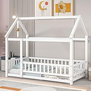 Lls twin size house bed for children solid wood floor bed frame with fence guardrails and roof montessori bed playhouse bed for children girls and boys whiteno bed slats  urban country home decor