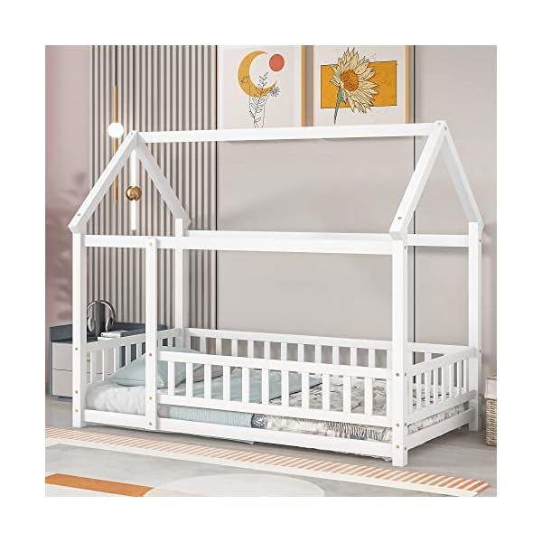 Lls twin size house bed for children solid wood floor bed frame with fence guardrails and roof montessori bed playhouse bed for children girls and boys whiteno bed slats  urban country home decor