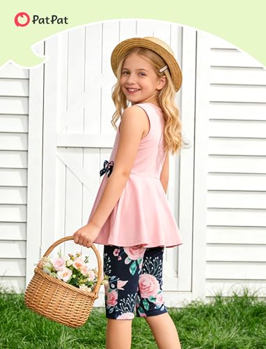 Image of PATPAT Girls Summer 2 Piece Outfits 4-12Y Butterfly Bow Sleeveless Tunic Tops and Floral Print Shorts Cute Clothes