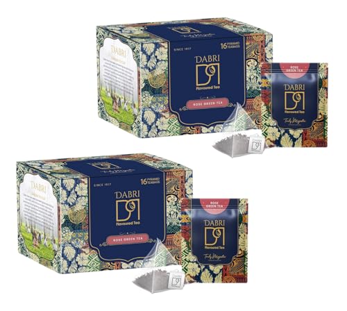 Image of Dabri Rose Green Tea Loose Leaves 32 Pyramid Dip Tea Bags|Pack of 2 x 16 Bags Each|Glowing Skin & Hair For Men-Women|Natural Rose Petals|Antioxidant-Rich|Organic Blend|Relieves Stress & Manage Weight