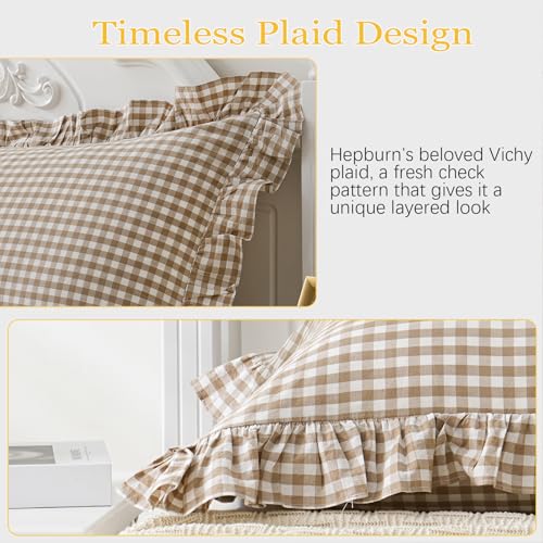 2 Pack Taupe White Plaid Gingham Ruffle Pillow Shams Standard Size 20x26 inches, 100% Washed Cotton Checkered Farmhouse Pillow Covers for Bed/Sofa (20x26 inches,Taupe/White Plaid)