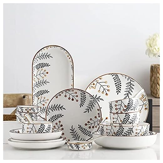 Desconocido Regalo de Moda Juegos de vajilla de cerámica Nórdicos Pintados a Mano 28 Piezas Juego de Cena de Porcelana/Patrón de Plantas Platos y Juegos de tazones para Restaurante Regalo de Boda