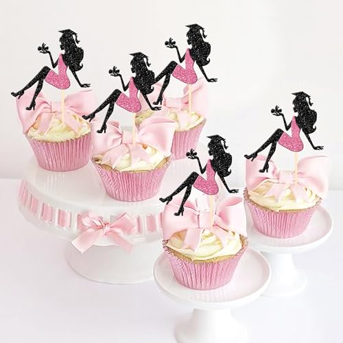 24PCS 2024 Graduation Cupcake Toppers Glitter Grad Cap Diploma High Heel Girl Graduation Cupcake Picks 2024 Senior Graduation Cake Decorations for 2024 Girl Graduation Theme Party Supplies Pink