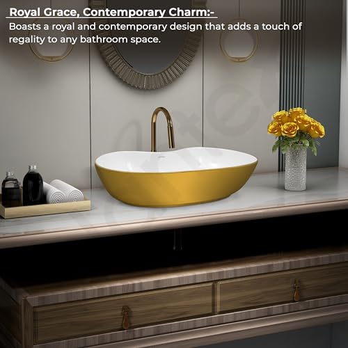 Image of Plantex Ceramic Wash Basin for Bathroom /Table Top Washbasin /Designer Countertop Basin for Bathroom /Restaurants /Hotel (White&Gold - 24.5 x 13 x 5.5 Inch)