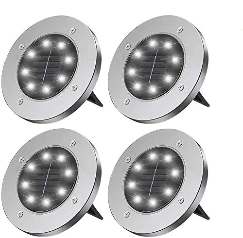 4 pcs Solar Light Ground Garden 8 LED 320LM, Luces LED solares al aire libre IP65 a prueba de agua, Lámparas solares Enterradas para escaleras al aire libre Patios del paisaje Caminos (Blanca) Cover