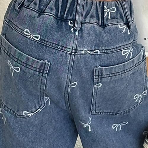 Teen Girls Wide Leg Jeans Bow Prints Denim Pants High Waisted Elastic Waist Baggy Jeans for Girls Trendy Denim Pants2