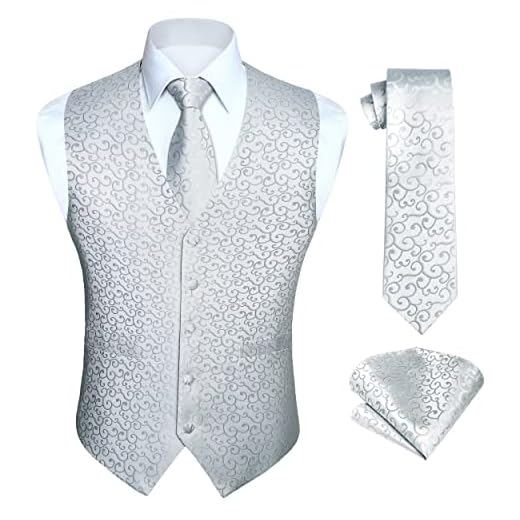 HISDERN 3 peças colete masculino de jacquard floral Paisley e gravata e bolso quadrado formal para festa de casamento de smoking, Branco/N, G
