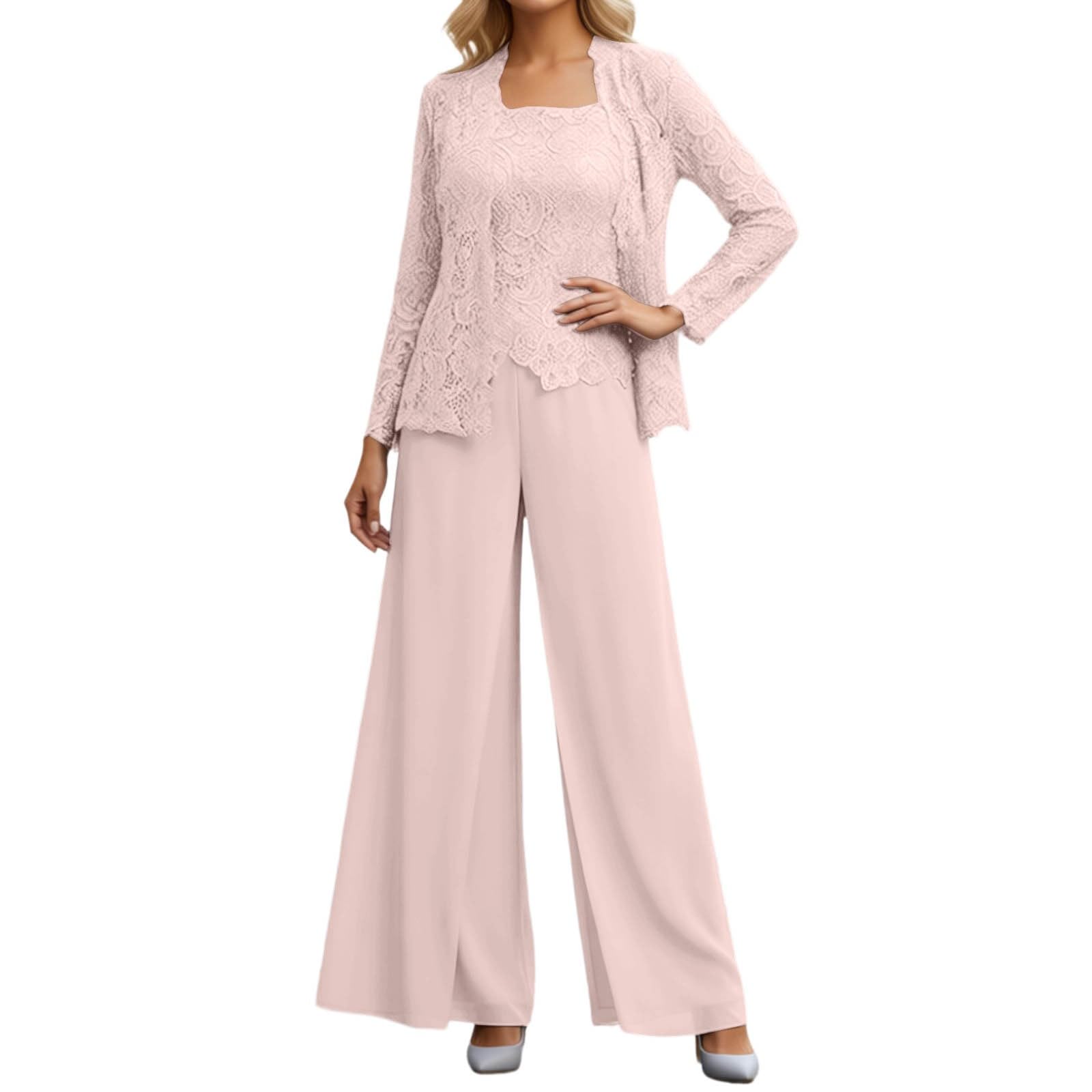 Generisch Ensemble 3 pièces pour femme - Pantalon festif élégant - Haut en dentelle - Cardigan à manches longues et pantalon en mousseline de soie - Costume pour mariage, cocktail, loisirs