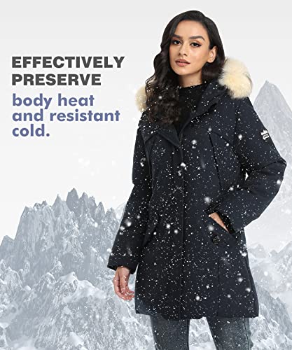 Puremsx Womens Cold Weather Down Alternative Parka, Slim Windproof Water Resistant Winter Puffer Jacket With Patches Fur Hoody Fleece Sandstone Warm Thick Coats Clearance,Navy,2X-Large #TOP2
