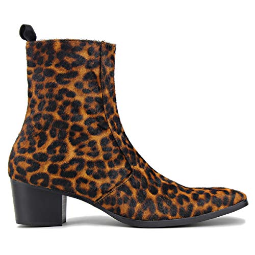 OSSTONE Men Chelsea Ankle Boots Leather Pony Hair Leopard Boot with Side Zipper Heel Boots JY0122