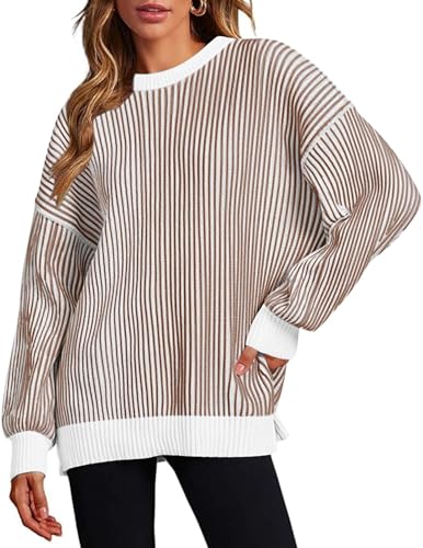 Image of Zeagoo Women 2026 Fall Lightweight Oversized Sweater Crew Neck Long Sleeve Color Block Pullover Rib Knit Blouse Tops XS-2XL