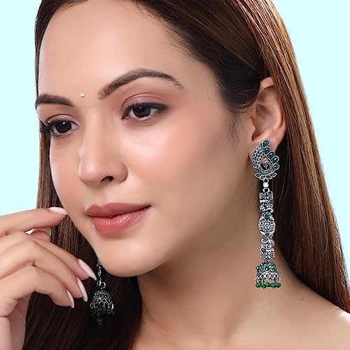 Image of Yellow Chimes Earrings for Women and Girls Traditional Silver Oxidised Jhumka German Silver Earring Set Dome Shaped Dangler Jhumki Earrings Combo | Birthday Gift For Girls and Women