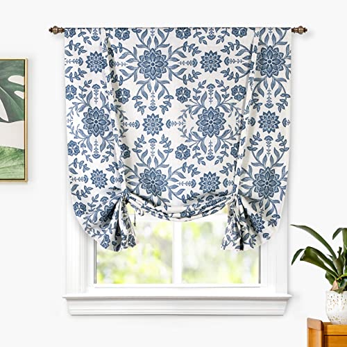Driftaway Twyla Linen Blend Blackout Tie Up Curtain For Kitchen Boho Floral Printed Linen Curtains Tie Up Shade For Bedroom Adjustable Balloon Rod Pocket 45 Inch By 63 Inch Ivory Navy #TOP4
