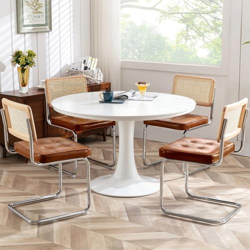 Image of Zesthouse Natural Rattan Dining Chairs Set of 4, Mid Century Modern Dining Room Chairs with Chrome Leg, Faux Leather Kitchen Chair with Solid Wood Back & Cane Mesh, Breuer Cesca Design Inspired, Brown