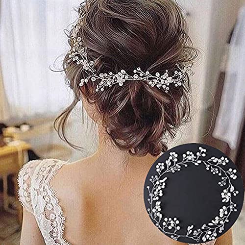 50cm Hochzeit Haarschmuck, Hochzeit Kopfschmuck Haar Seide Haarschmuck Braut Perle Strass Silber Blume Stirnband, Braut Stirnband Hochzeit Retro Stirnband Braut lockiges Haar Damen und Mädchen Cover