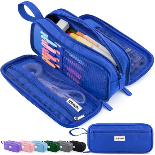 Image of TOPBIDAI Large Pencil Case Pouch for Girls Boy Women Men Adults | Big Capacity Canvas Pencil Bag, Office School Supplies, Multi Compartment Zipper Stationery Pen Box (Dark Blue)