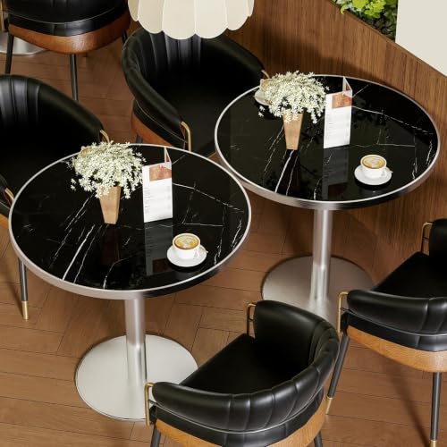 Image of 63 inch Tulip Table, Small Round Dining Table with 1.2 inch Thick Sintered Stone Tabletop and Silver Metal Pedestal Base, Bistro Table for Diner, Bar, Restaurant, kitchen, Bakery, Apartment (Marble Black)