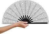 XULIDEONG Abanico de Mano, 33CM Abanicos de Mano Plata Grande, Abanico de Manos Plegable Brillantes, para Baile, Boda, Fiesta, Espectáculo, Festival, Decoración del Hogar