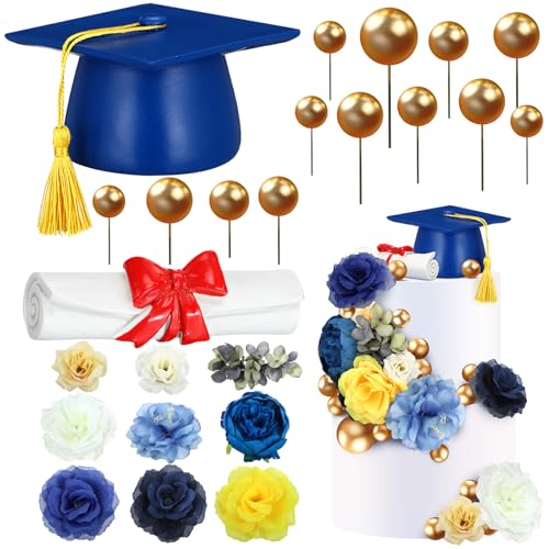 Wavwavw 50 Pcs Resin Graduation Cake Cupcake Toppers Cap and Diploma Gold Balls Kit Congrats Grad Cake Decorations for 2025 Master Graduation Party Decorations High School Supplies(Blue)