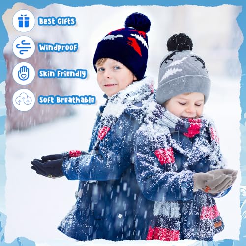 Image of 2 Sets Winter Boys Kids Hat Gloves Set Toddler Warm Hat with Gloves Pom Knit Baby Winter Soft Dinosaur Hats for Girl