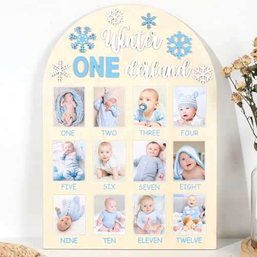 My First Year Photo Frame Board First Year Picture Frame 12 Months Milestone Board Photo Display Wood Board One Year Winter Snowflake Nursery Decorations Gift for 1st Birthday Baby Boy Keepsake Gift