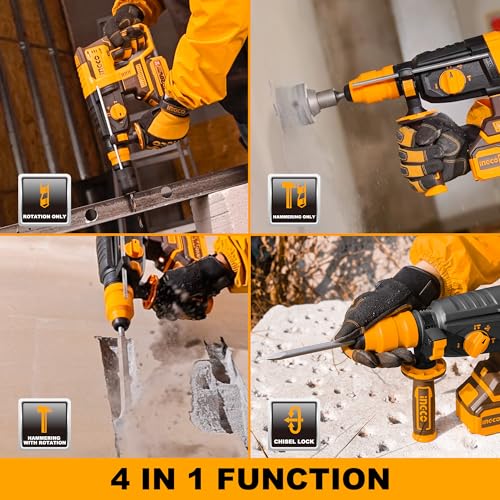 Image of INGCO 20V Cordless Brushless Hammer Drill, 26mm in Concrete, 2.5 J, 4IN1 Function, 5000 BPM, With 2Pcs 4.0Ah Battery And Charger, Packed by Carrying Case
