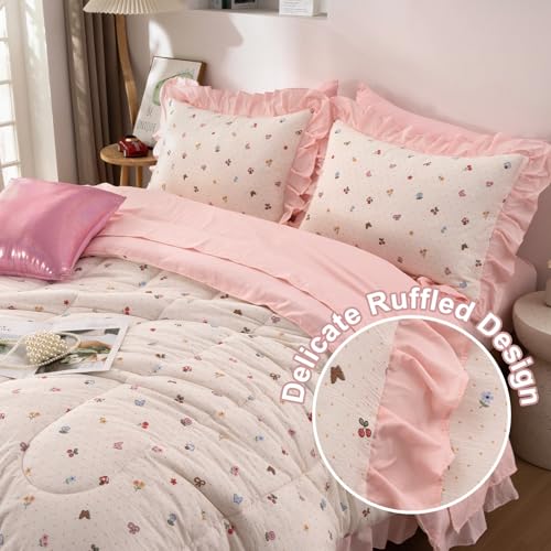 Image of A Nice Night Ruffle 6 Pcs Bed in a Bag Comforter Set,Creamy Background with Bow, Mushroom, Cherry & Butterfly Pattern - Colorful Wonderland Design Bedding Sets,Twin