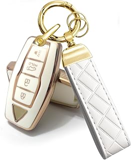 Car Key Fob Cover Keychain for Mitsubishi Outlander 2026 2025 2024 | TPU Key Fob Case for Mitsubishi Outlander 2023 2022 Protector Key Chain Holder 4 Buttons Gold White