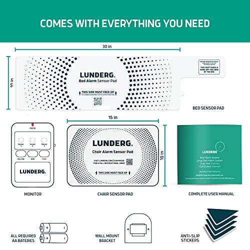 Lunderg Bed Alarm & Chair Alarm System - Wireless Bed Sensor Pad (10” x 30”), Chair Sensor Pad & Pager - Chair & Bed Alarms and Fall Prevention for Elderly and Dementia Patients - Full Caregiver Set
