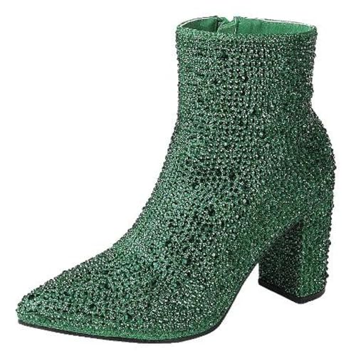 Women Rhinestone Block Chunky Heel Ankle Bootie Iceberg 12 By Forever shoes Emerald Size 9