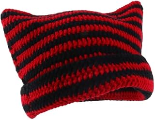 Crochet Hats for Women Cute Cat Ears Beanie Vintage Beanies Women Fox Hat Grunge Accessories Slouchy Knitted Beanies (Black+Red)