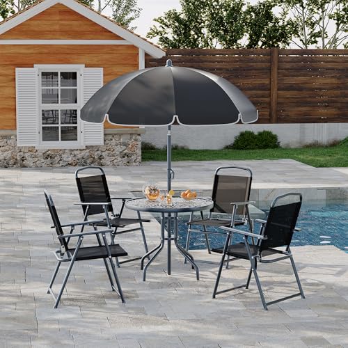 6 Pieces Outdoor Dining Set With Umbrella, Patio Table and 4 Folding Chairs With Umbrella, Garden Patio Furniture Set With Umbrellas, Tempered Glass Top Dining Table