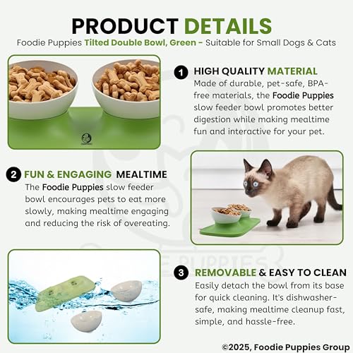 Image of Foodie Puppies Cat Food Bowl with Stand - (Green, 500ml Each) Double Food and Water Drinking Feeder Bowl with Non-Skid Base and Easy-to-Clean Design | Suitable for Cats, Puppies and Small Dogs