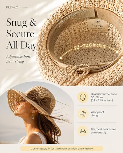 Sombrero femenino de paja tejido con lazo y ala ancha beige miniatura 5
