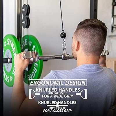 Synergee Pro-Style Lat Bar Cable Attachment. Universal Attachment for Cable Machines. Pull Down/Press Down Bar Accessory. Available Sizes 24, 34 and 38