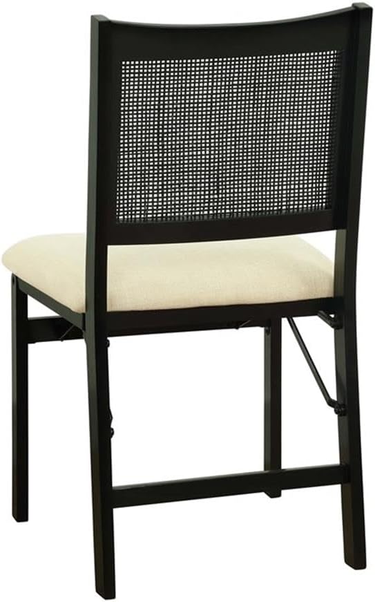 BOWERY HILL Wood Folding Side Chair, Woven Cane Back, Beige Padded Linen Seat, Black Frame, 19.75" L x 20.5" D x 34.5" H, Lightweight Accent Chair for Dining Room, Kitchen, Living Room Use