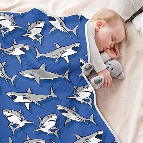 Image of Swaddle Blanket for Blue Cartoon Shark Fish Baby Receiving Blanket Muslin Baby Swaddles Soft Cotton Breathable Nursery Blankets for Unisex Boys and Girls 30x40 Inch