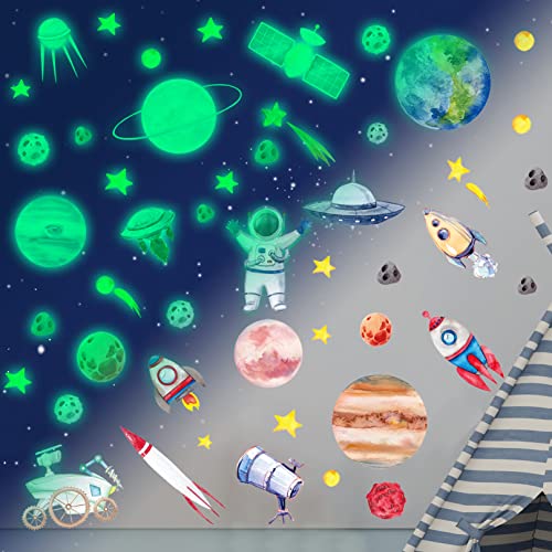 Glow In The Dark Planet And Space Solar System Wall Stickers,Glow In The Dark Stars For Ceiling,Galaxy Astronaut Rocket Spacecraft Alien Wall Decals For Boys Toddler Kids Bedroom Nursery Playroom Wall Decor #TOP1