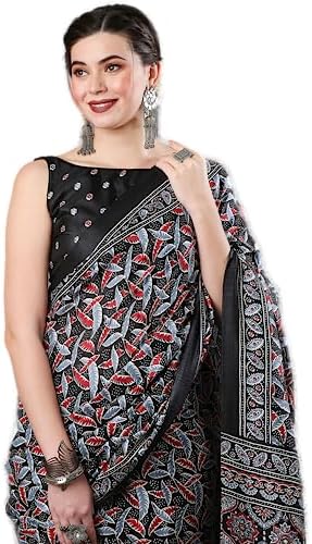 AKHILAM Women's Ajrak Block Print Dola Silk Saree With Unstitched Blouse Piece