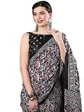 AKHILAM Ajrak Sari en soie Dola pour femme avec chemisier non cousu (KUMRN201_Parent), Noir 4, taille unique