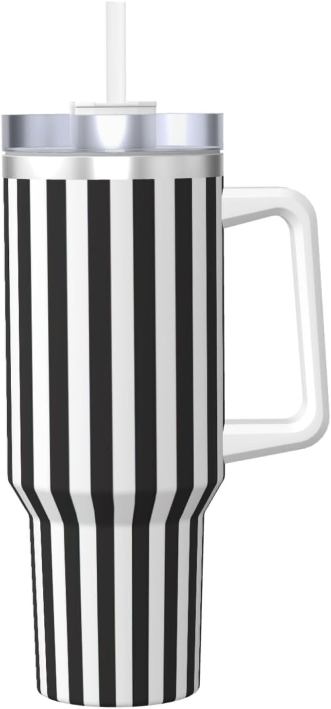 40 OZ Black & White Stripe Print Ice Bully Cup with Handle Straw Lid Straw,Stainless Steel Tumbler Coffee Cup