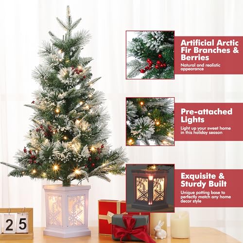 GarveeHome 3ft Small Christmas Tree Pre-Lit Artificial Christmas Tree with 78 Led Lights, Snow Flocked Xmas Tree with Brown Base, Timer Function, Battery Operated, for Home Decor