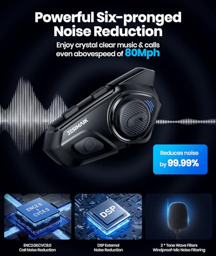 JESIMAIK Motorcycle Bluetooth Intercom, 2000M 10 Riders Noise Cancellation Headphone Communication System, Multitasking Audio Hands-Free Speakers, Helmet Radio, Stereo Music, Motorcycle Accessories - Thumbnail 5