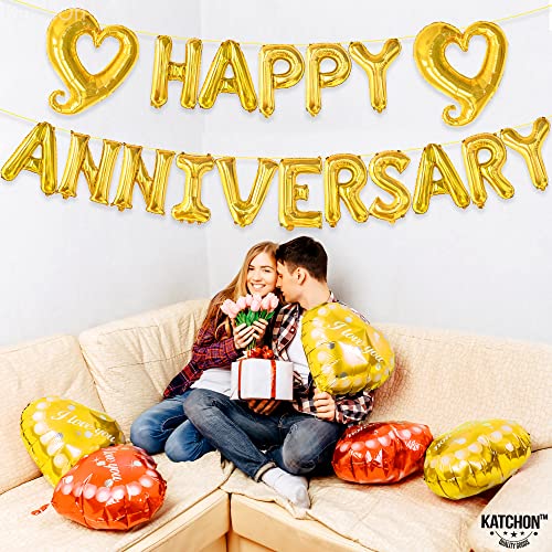 Image of Big Gold Happy Anniversary Balloons Letters - 18 Inch | Happy Anniversary Decorations Banner | Gold Heart Balloons Banner Backdrop, Gold Balloon for Party Decorations, KatchOn