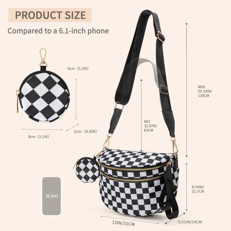 Fashion Bum Bags for Women, Checkered Crossbody Bag ,Large Nylon Belt Purse Fanny P... - Image 5