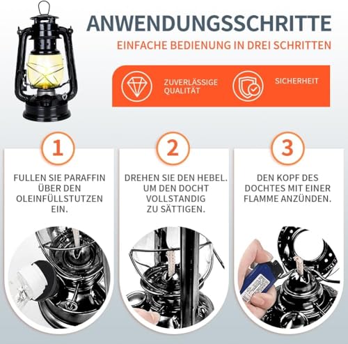 Stalllaterne: Nostalgische Petroleum-Sturmlaterne mit Glaskolben, Black 24 cm Stalllaterne Petroleum, Sturmlampen, feuerfest (2pcs Black)