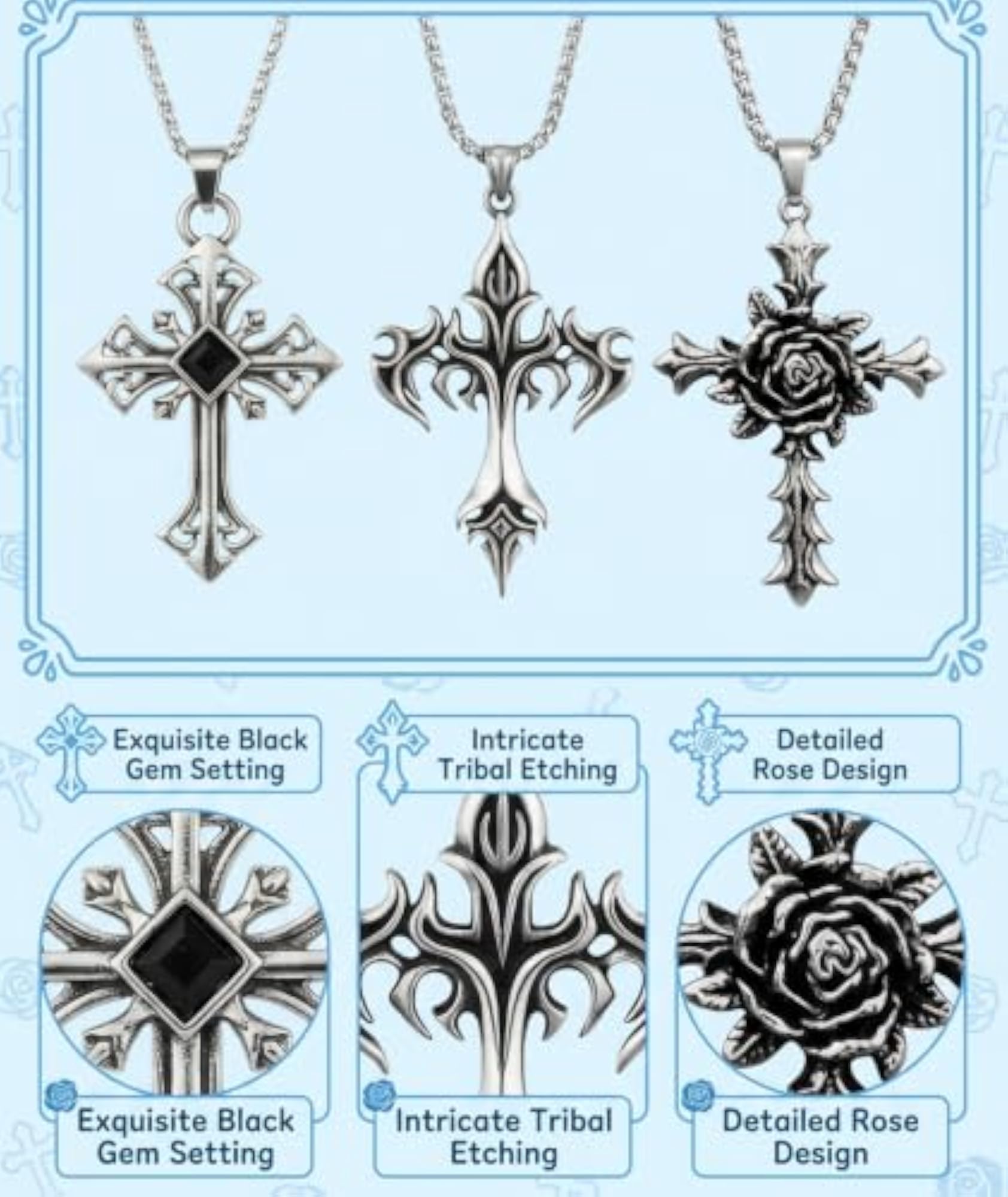 3Pcs Gothic Cross Necklace Set for Men, Gift Ready